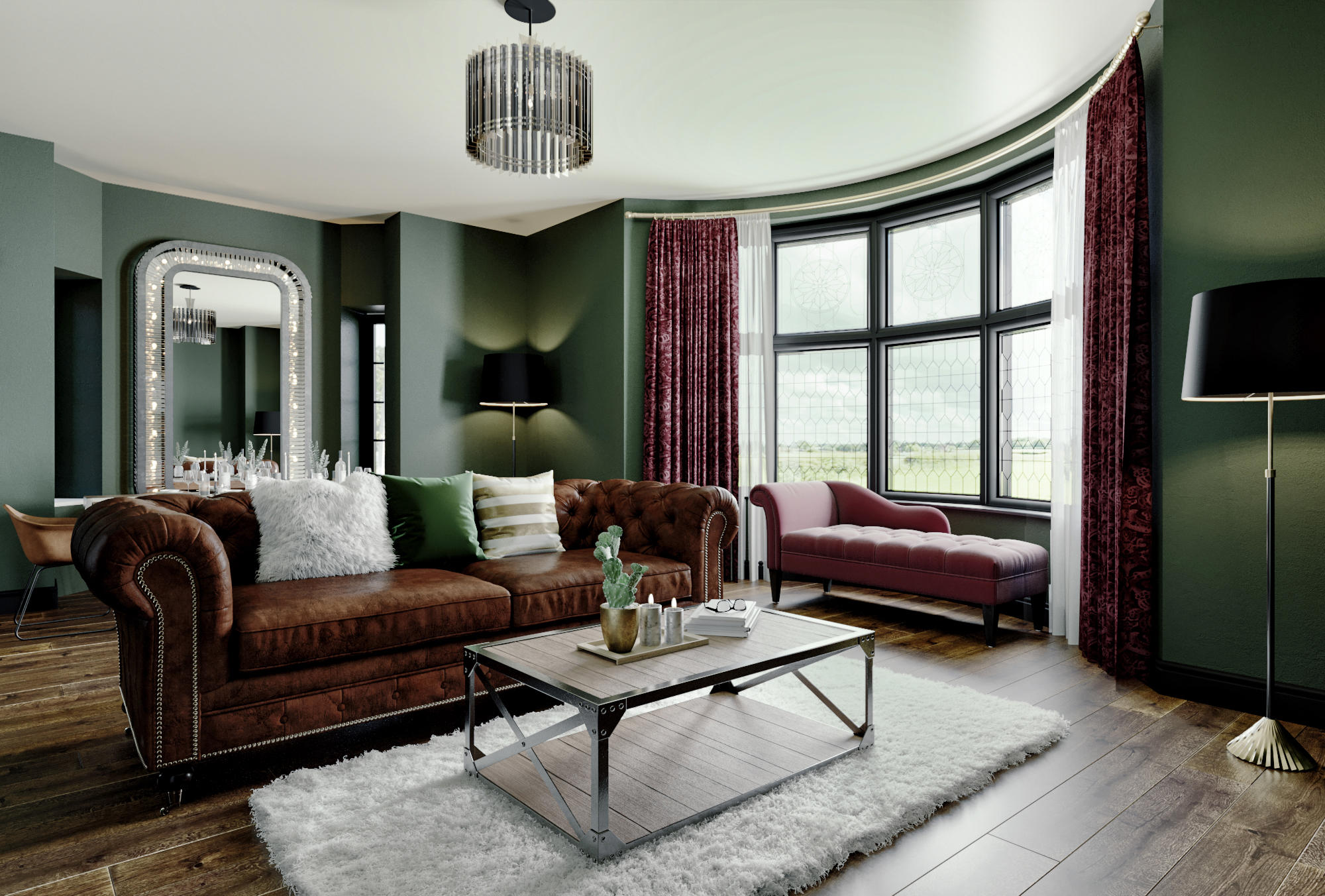 victorian living room with red couch